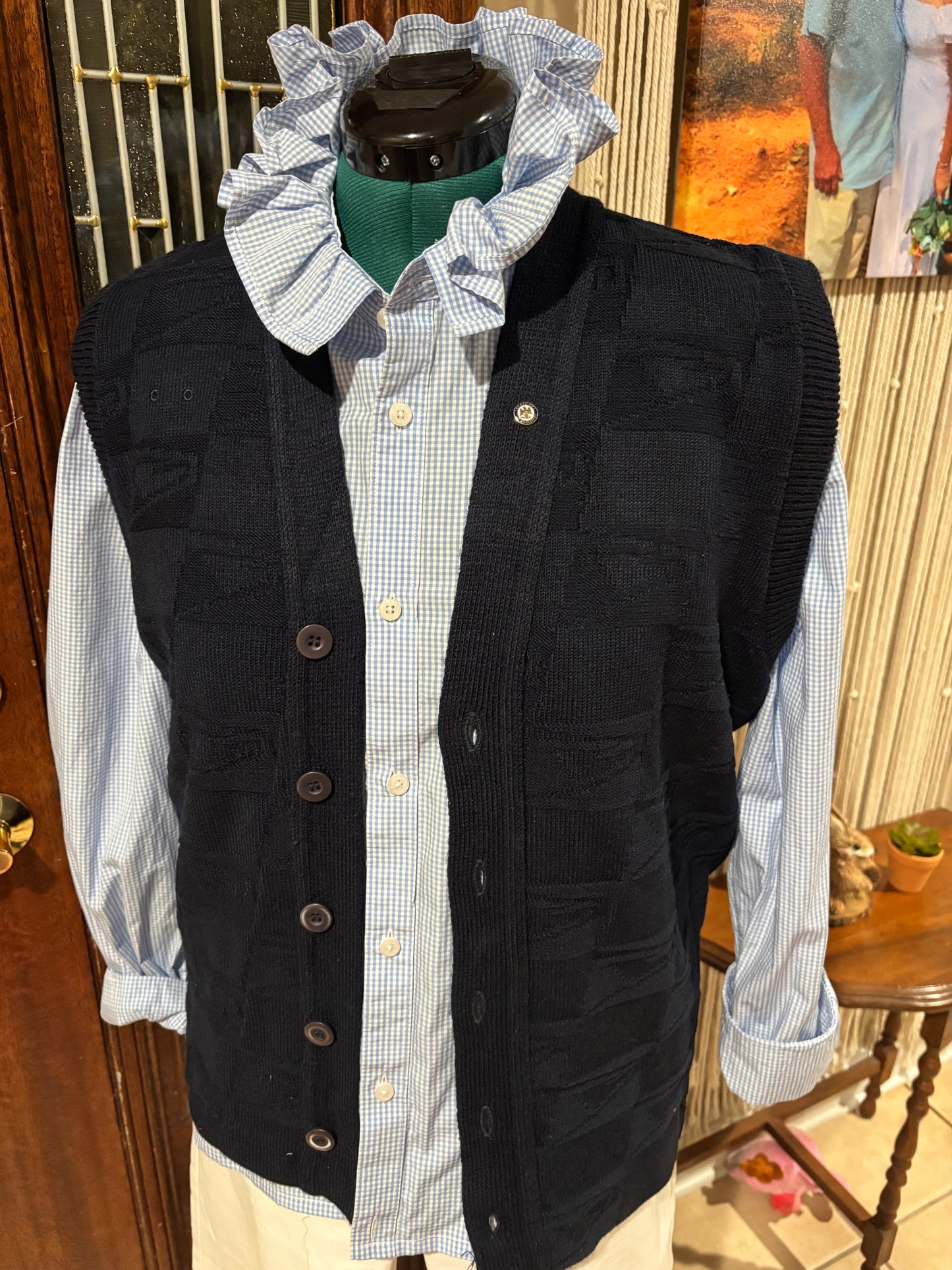 Retired USPS knit vest with patriotic theme and hand quilted flag applique on back.