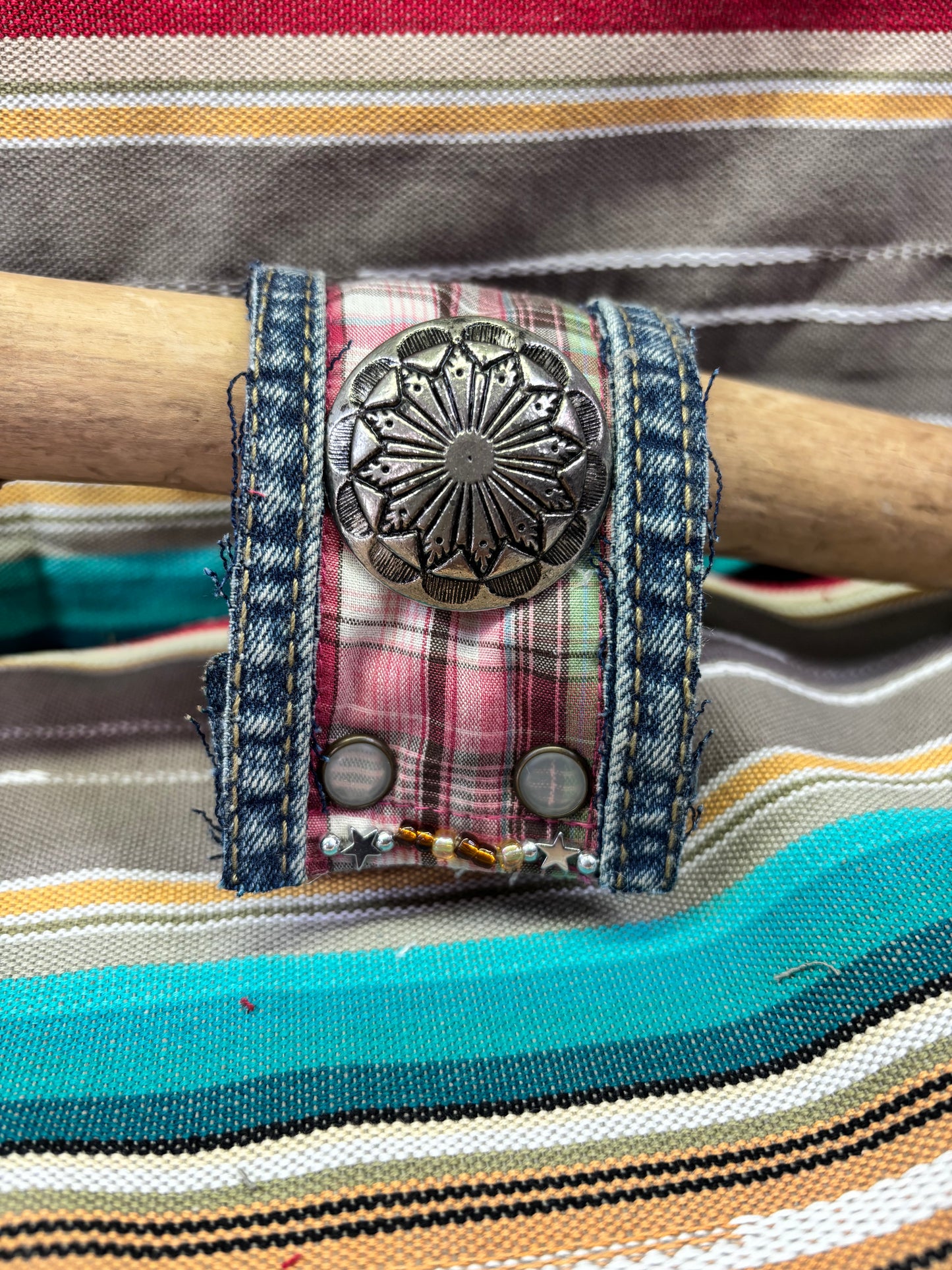 Up cycled denium pearl snap cuff bracelet