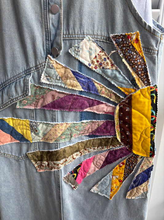 Hand appliquĂ©d vintage quilted denim romper dress âRaysâ