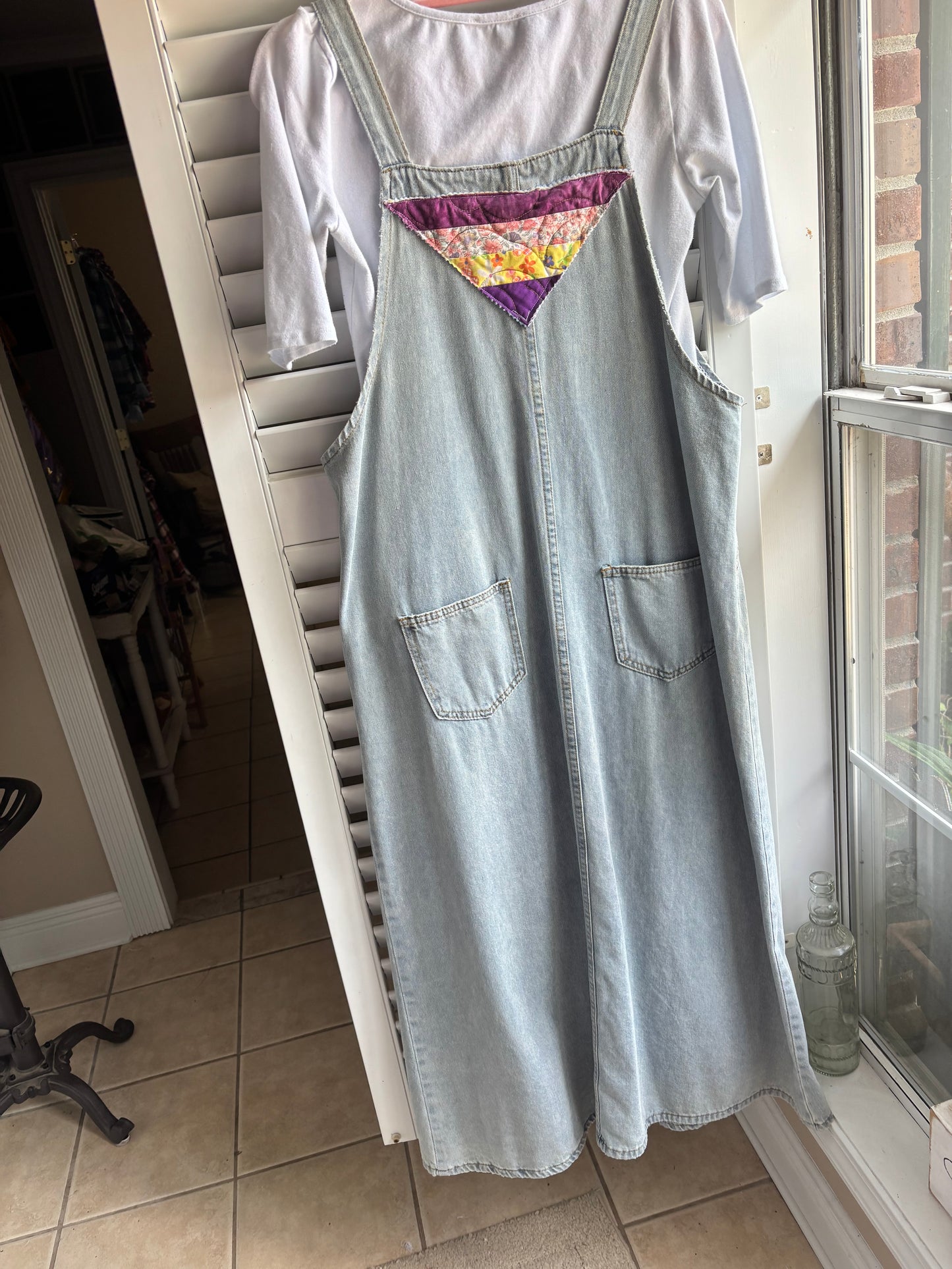 Hand appliquéd vintage quilted denim romper dress “Rays”