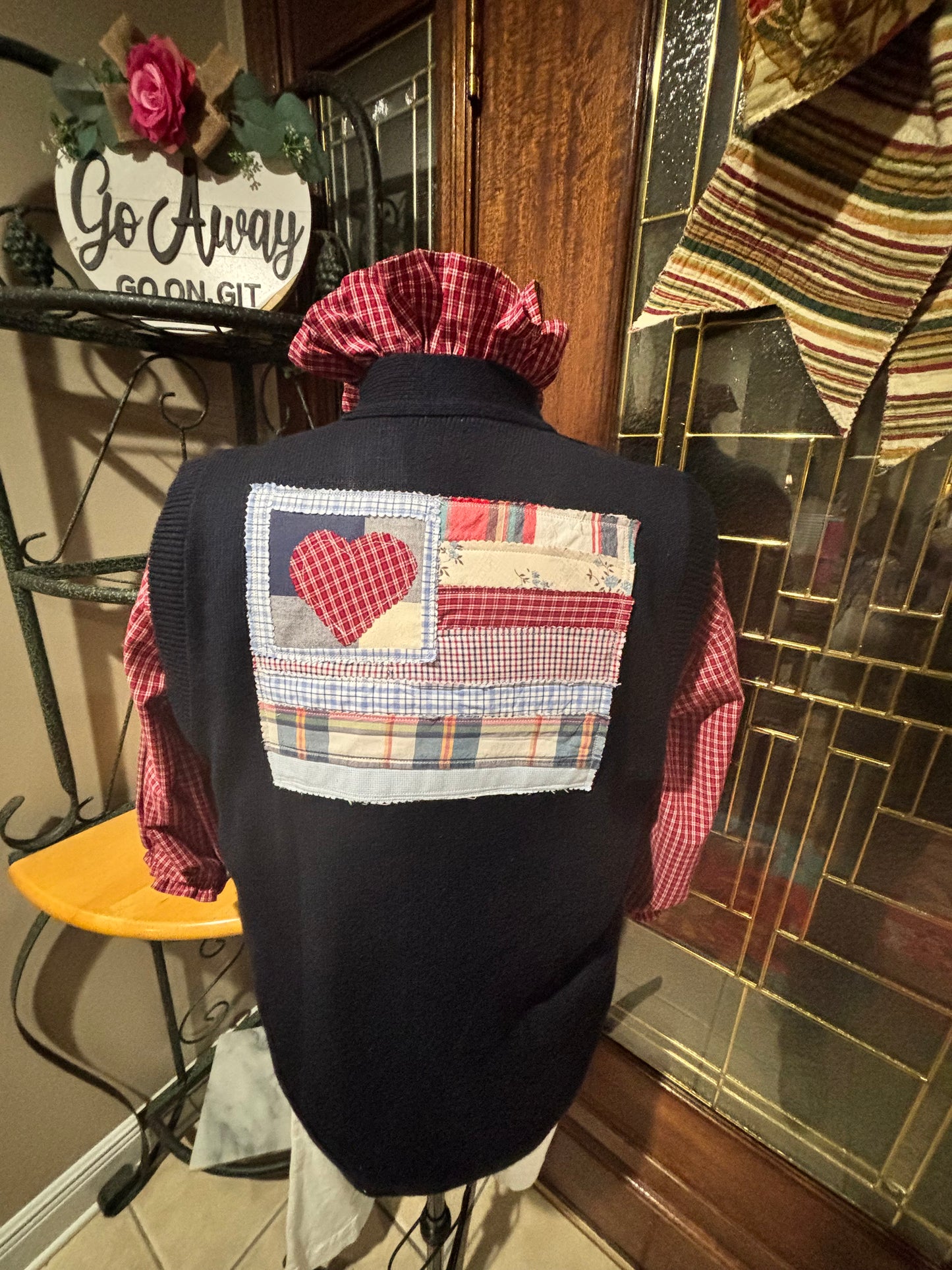 Retired USPS knit vest with patriotic theme and hand quilted flag applique on back.