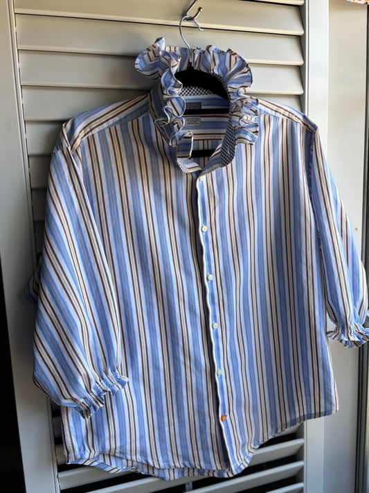 Ruffled stripped oxford 3/4th sleeve