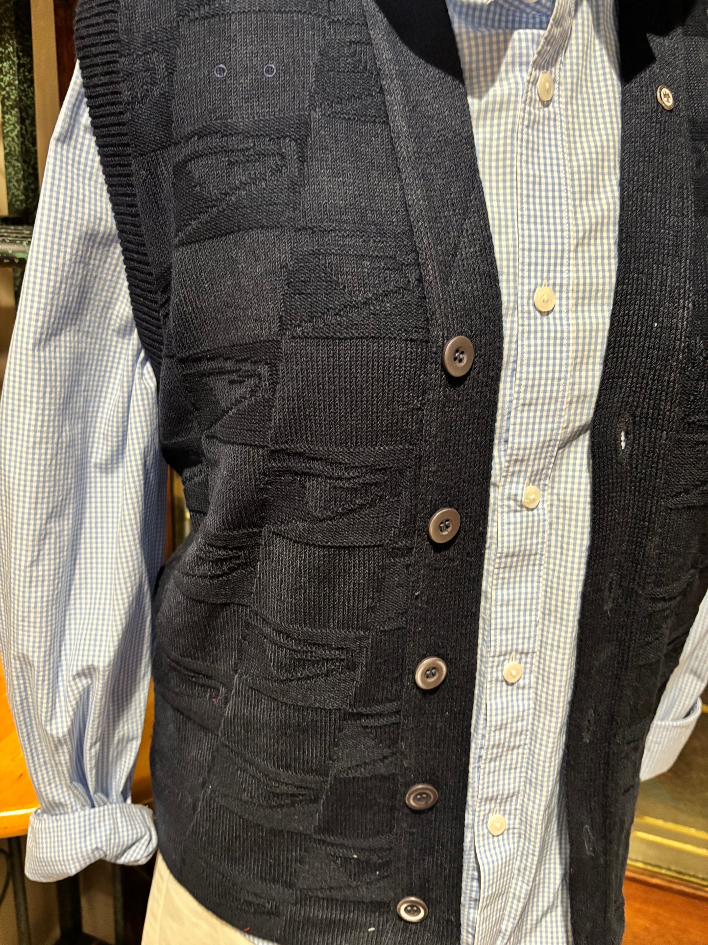 Retired USPS knit vest with patriotic theme and hand quilted flag applique on back.