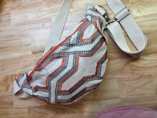 Coral embroidered cotton cross body bag