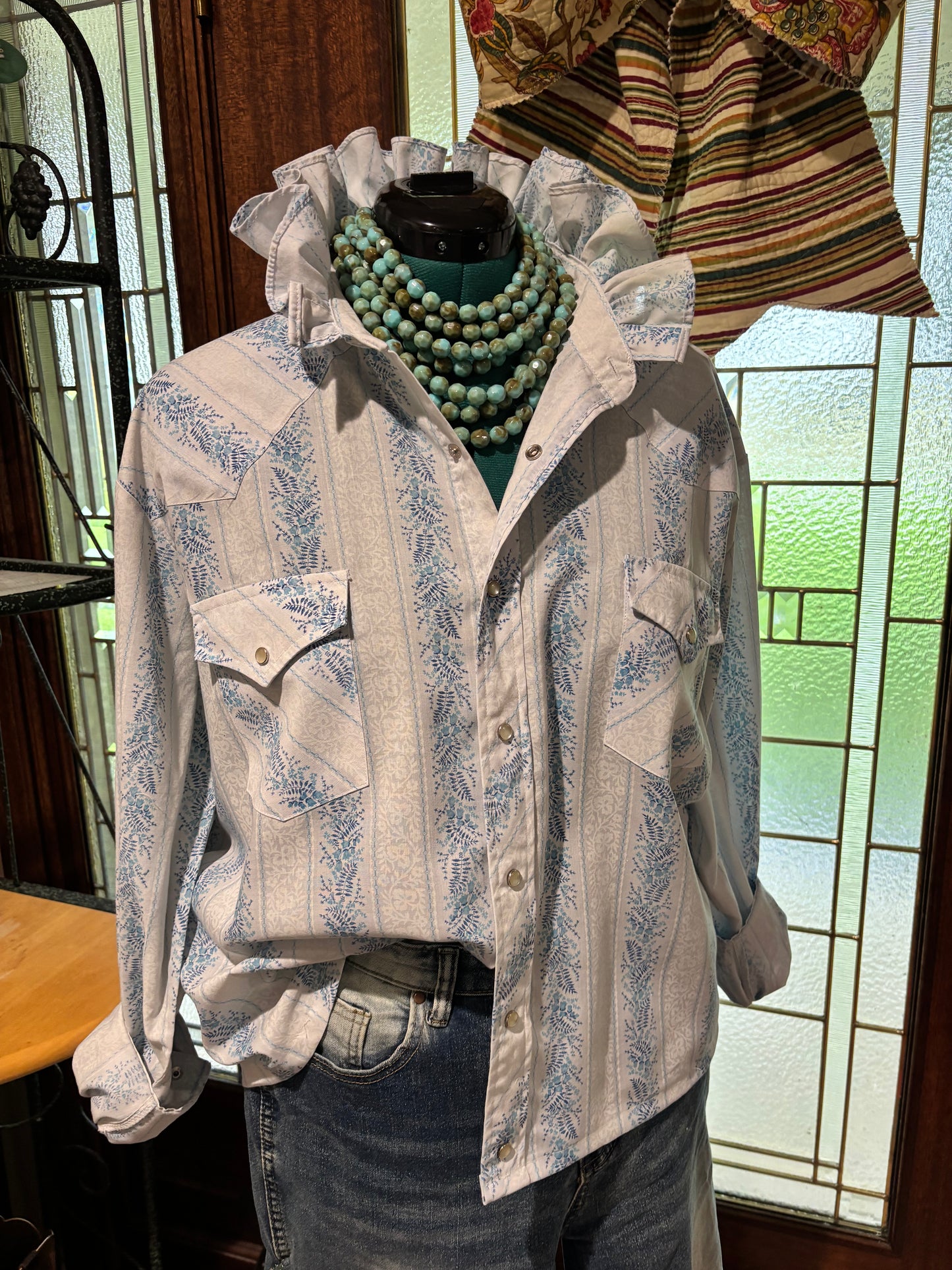 Ruffled vintage Pearl Snap blue XXL