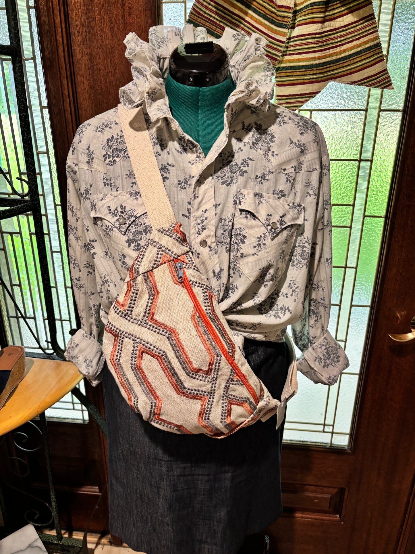 Coral embroidered cotton cross body bag