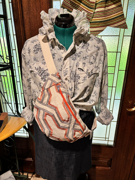 Coral embroidered cotton cross body bag