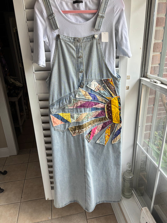 Hand appliquéd vintage quilted denim romper dress “Rays”